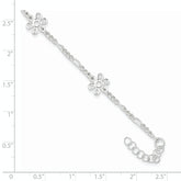 Sterling Silver Figaro Chain/Flowers 5-Station 9 inch Plus 1 inch Extender - Total 10 inch Anklet